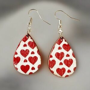 ⭐️ 5 for $25 Wooden Heart Design Teardrop Red & White Earrings Silver Tone Hoops